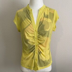 Les Serein Rylee Full Button Mesh Short Sleeve Knit Floral Top NWT